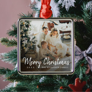 Simple One Sided Script Merry Chirstmas Photo Metal Ornament