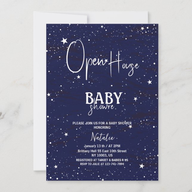 simple open house navy blue stars baby shower invitation (Front)