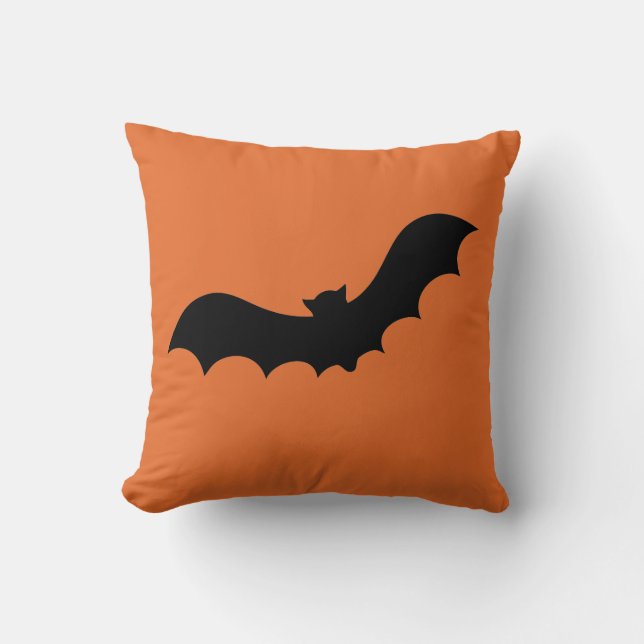 Simple Orange and Black Happy Halloween Bat Throw Pillow (Front)