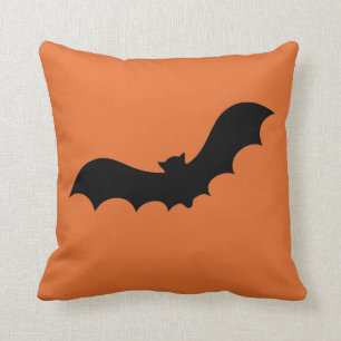 Simple Orange and Black Happy Halloween Bat Throw Pillow