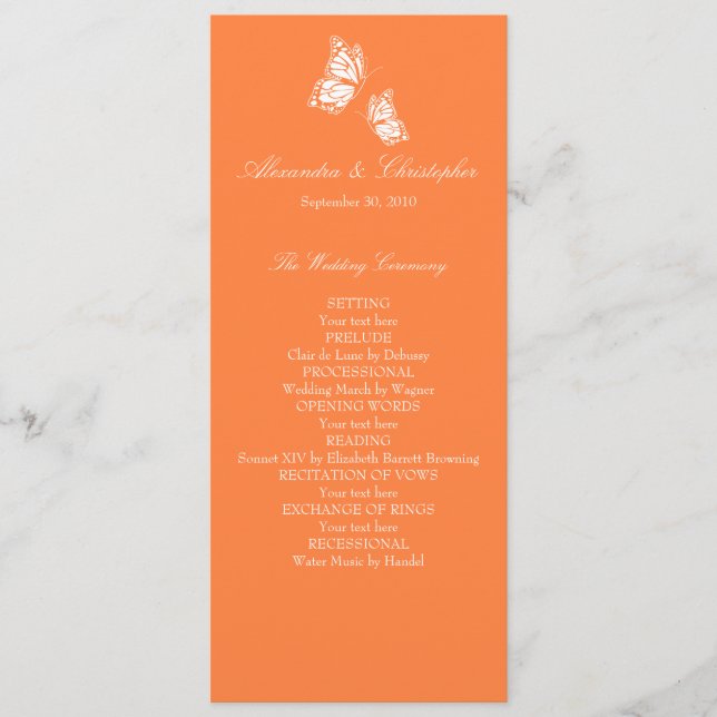 Simple Orange Butterflies Wedding Program (Front)