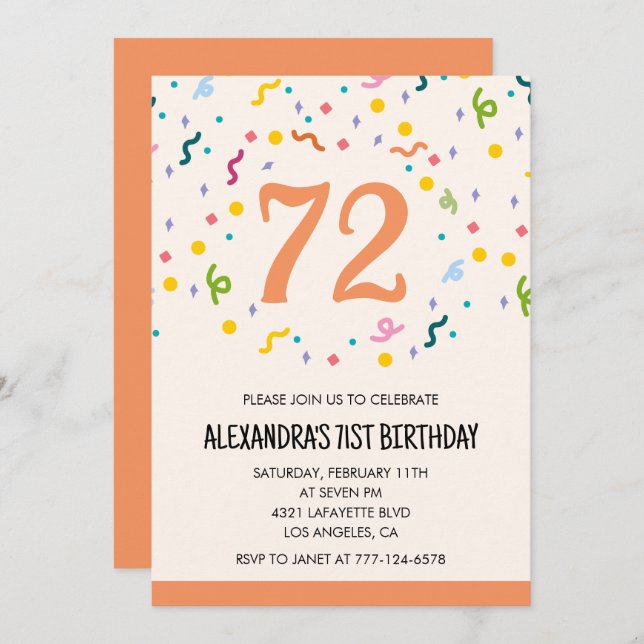 Simple Orange Confetti 72e anniversaire invitation (Devant / Derrière)