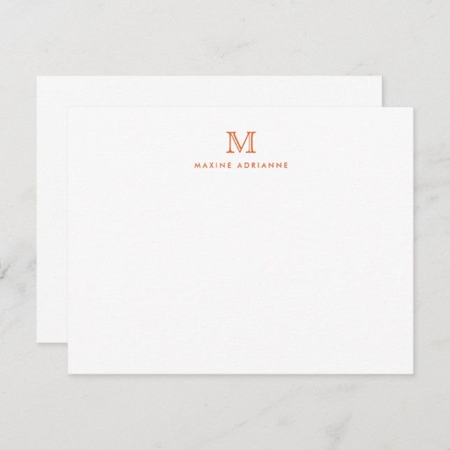 Simple Orange Modern Monogram Initial Note Card (Front/Back)