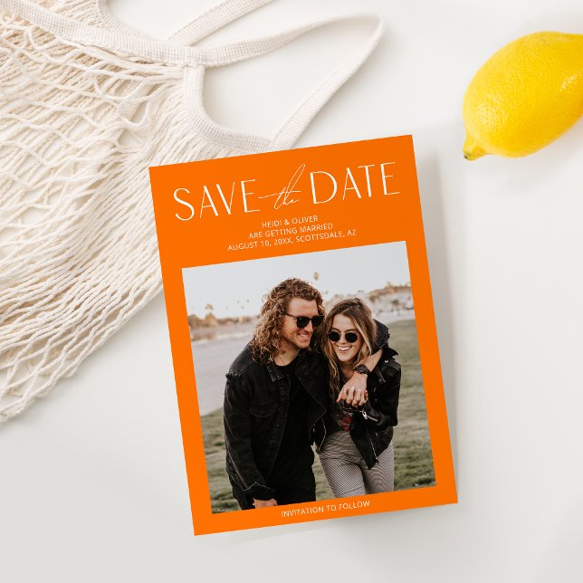 Simple Orange Photo Enregistrer la date Invitation (Créateur téléchargé)