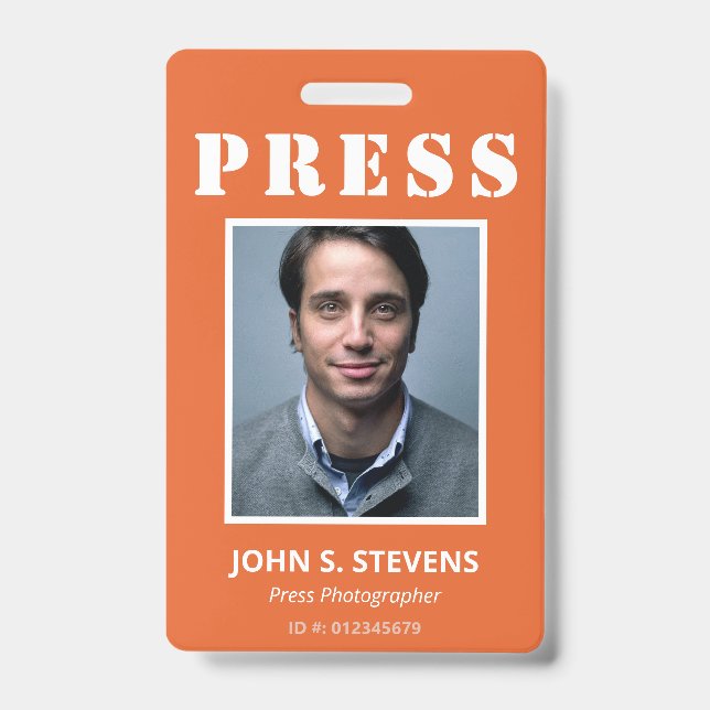 Simple Orange White Photo Press ID Badge (Front)
