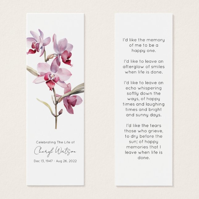 Simple Orchid Funeral Memorial Bookmark (Front & Back)