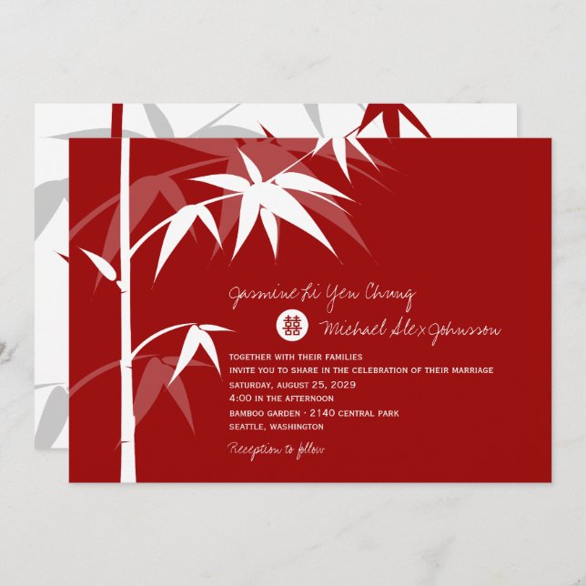 Simple Oriental Bamboo Tree Modern Chinese Wedding Invitation (Front/Back)