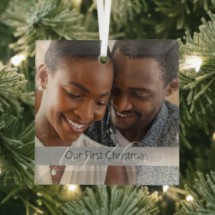 Simple Our First Christmas Photo Glass Ornament