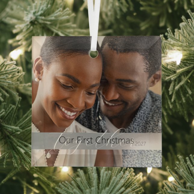 Simple Our First Christmas Photo Glass Ornament (Insitu)