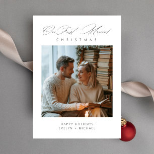 Simple Our First Married Script Bookish Photo Holiday Card