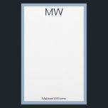 Simple Pale Blue & White Monogrammed Personal Stationery<br><div class="desc">A large midnight blue monogram is at the top. A line of midnight blue display text is at the bottom for your name or a custom message. All text can be edited or deleted. This personal stationery has a baby blue border.</div>