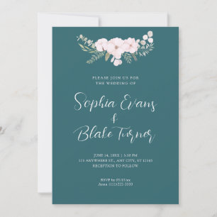 Simple Pale Pink and Green Floral Green Wedding Invitation