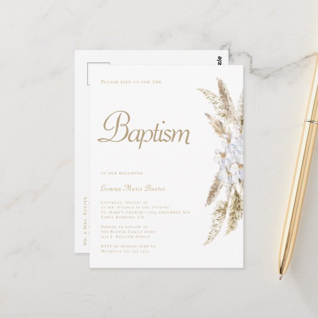 Simple Pampas Grass Blanc Or Baptême Invitation (Devant/Arrière en situation)