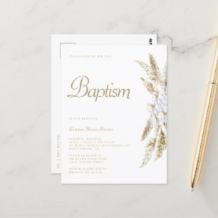 Simple Pampas Grass White Gold Baptism Invitation Postcard