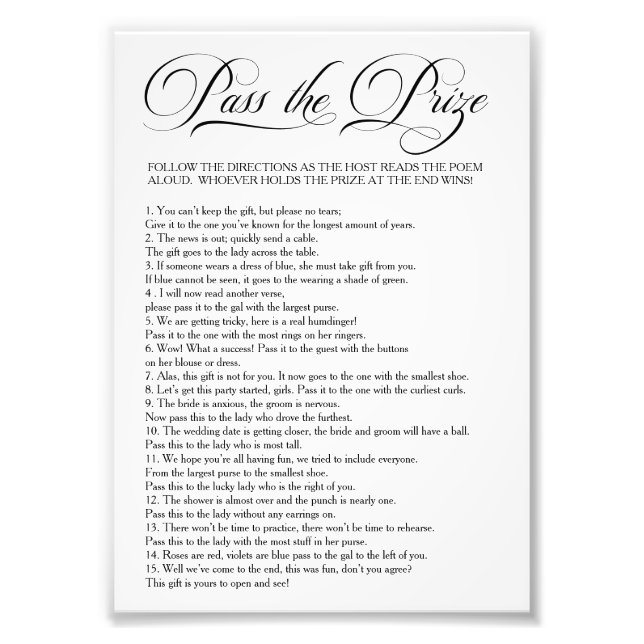 Simple Pass the Prize Bridal Shower Game Photo Print (Front)