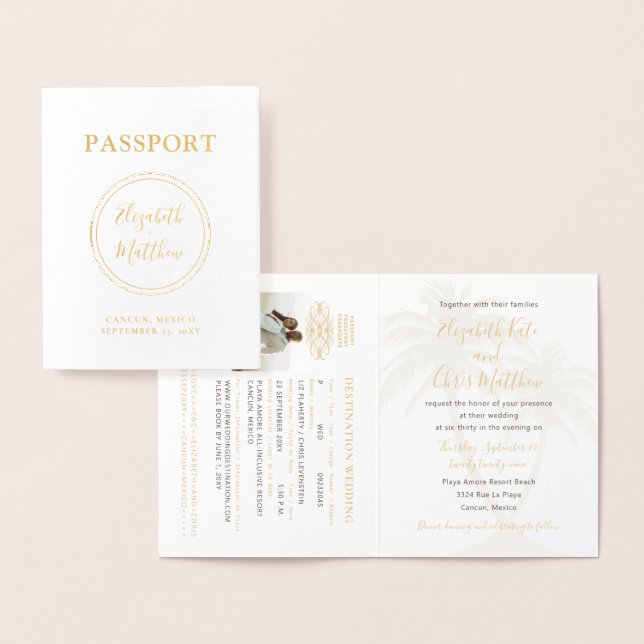 Simple Passport Invitation Plage Mariage Gold Foil (Affichage)