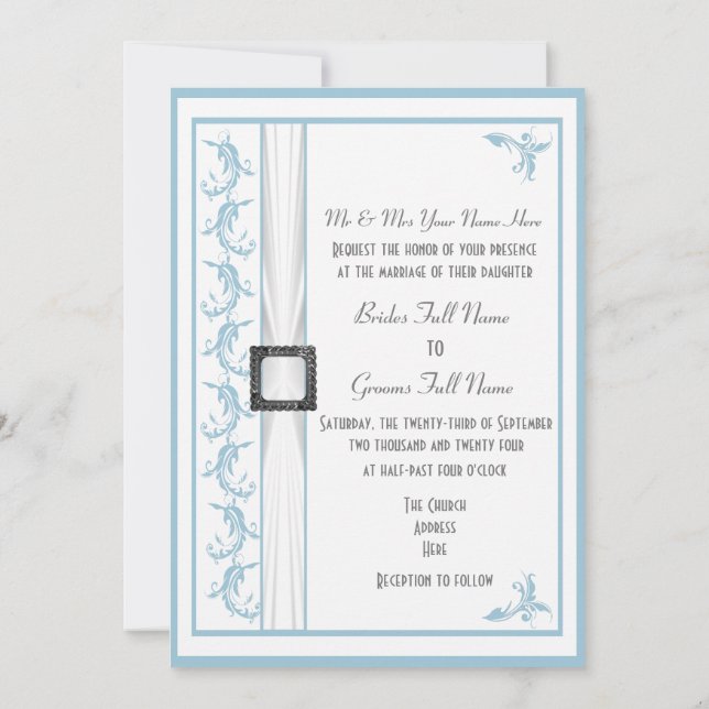 Simple pastel blue and white traditional wedding invitation (Back)