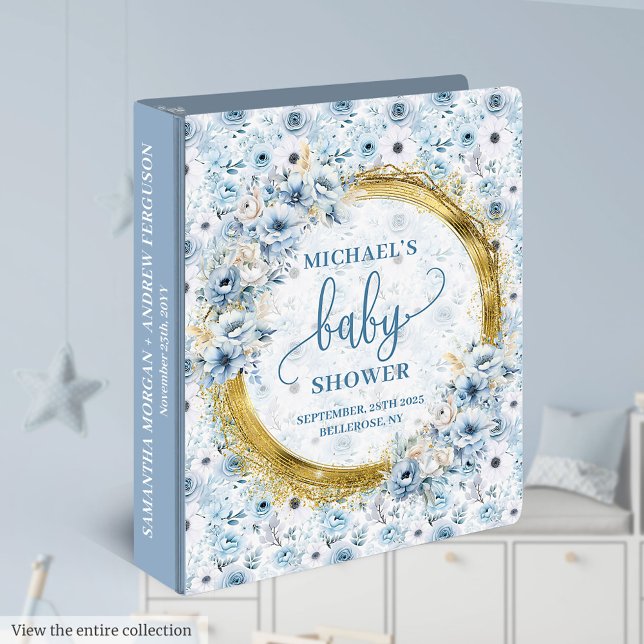 Simple pastel blue flowers and gold baby shower binder (Simple pastel blue flowers and gold baby shower 3 ring binder)