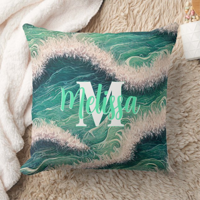 Simple pastel ocean waves Monogrammed Throw Pillow (Blanket)