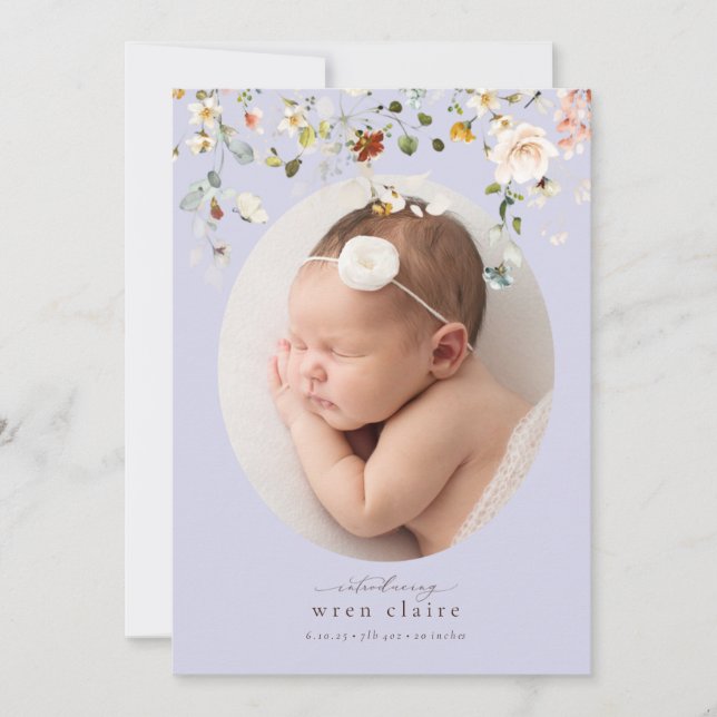 Simple Pastel Purple Floral Birth Announcement (Front)