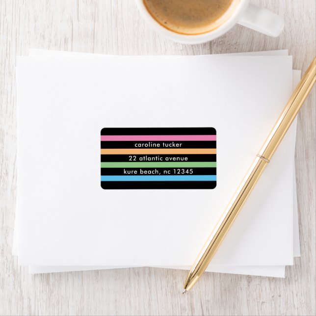Simple Pastel Stripes on Black Girly Address Label (Insitu)