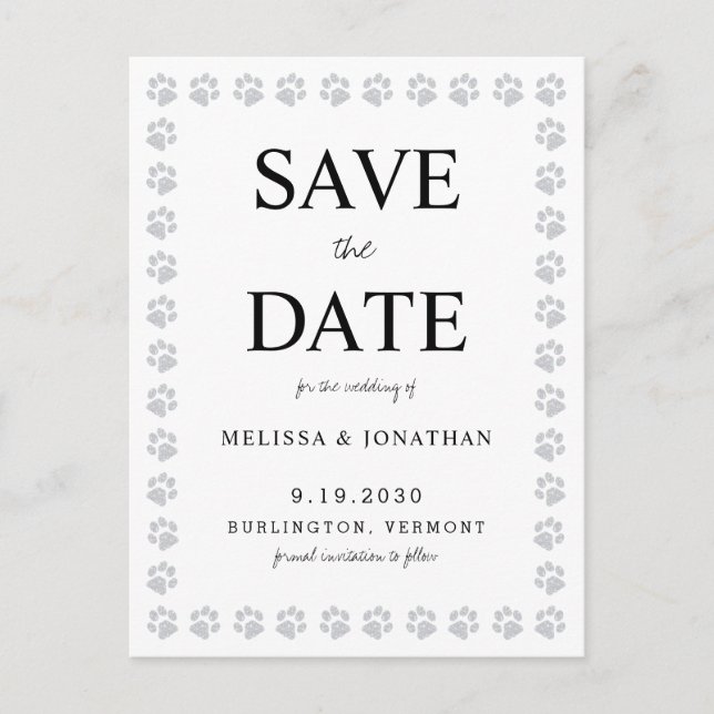 Simple Paw Prints Wedding Save The Date Invitation Postcard (Front)