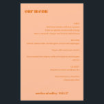 Simple Peach Orange Simple Custom Wedding Menu<br><div class="desc">Set the tone for an elegant wedding dining experience with this stylish wedding menu card. In soft peach orange, this customizable menu highlights the couple’s names and wedding date. Perfect for receptions, rehearsal dinners, or bridal showers, this modern and minimalist design adds a refined touch to your table setting while...</div>