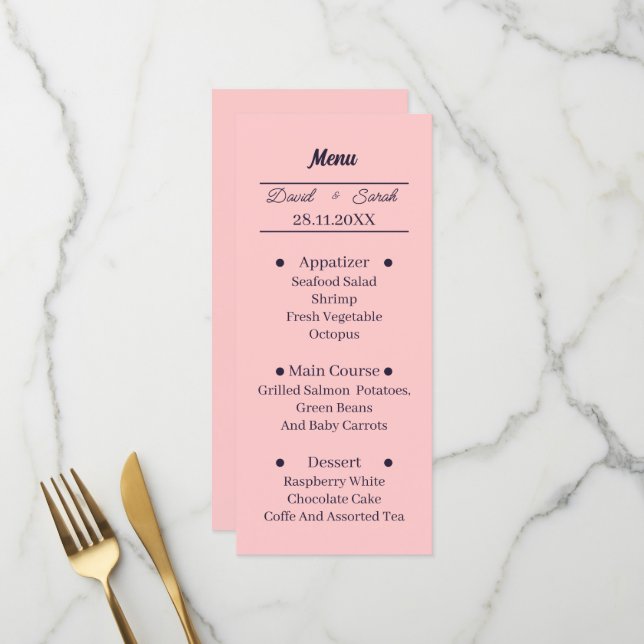 Simple Peach Personalized Wedding Dinner Menu (Front/Back In Situ)