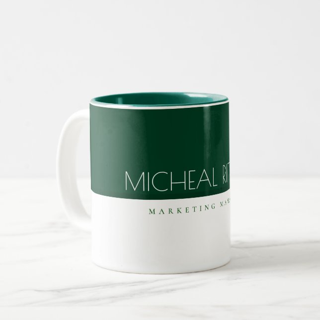 Simple Pear Green Custom monogram Name and Job Two-Tone Coffee Mug (Front Left)