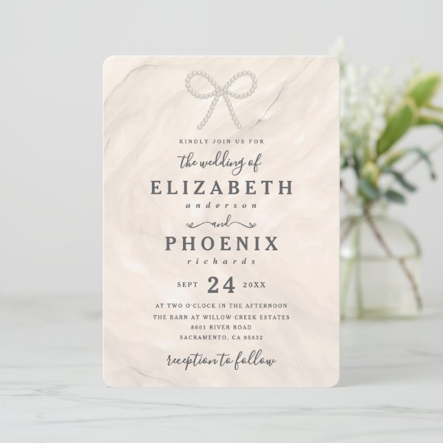 Simple Pearl Bow in Champagne Elegant Wedding Invitation (Standing Front)