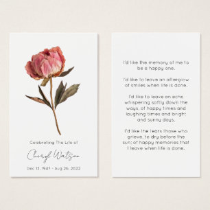 Simple Peony Funeral Memorial Prayer Card