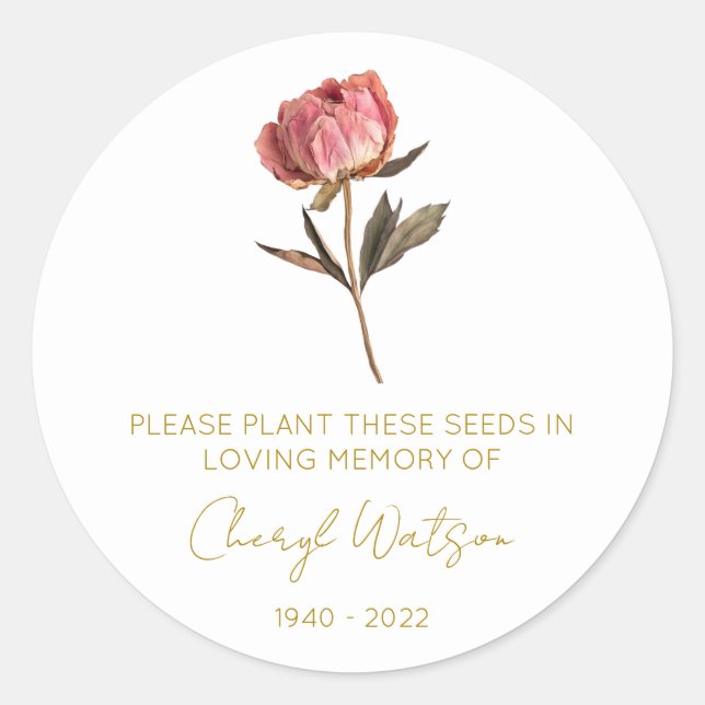 Simple Peony Memorial Seed Packet Classic Round Sticker (Front)