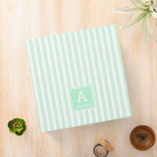 Simple Peppermint Green Cabana Stripes Monogrammed Binder