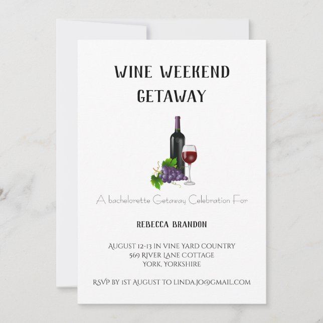 Simple Personalised Wine Weekend Getaway Invite (Front)
