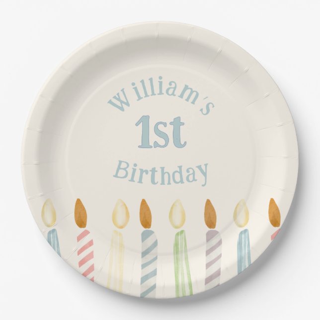 Simple Personalized Birthday Name Candles Party Paper Plate (Front)