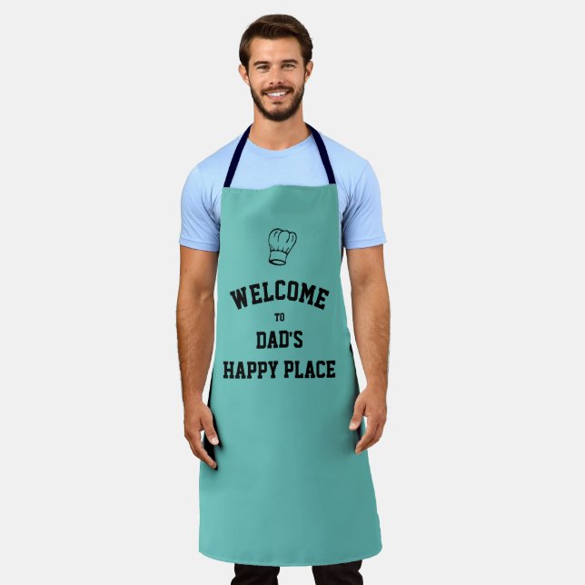 Simple Personalized DAD'S HAPPY PLACE Aqua Apron (Worn)