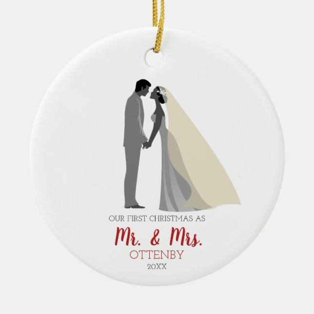 Simple Personalized First Christmas as Mr & Mrs Ceramic Ornament (Front)