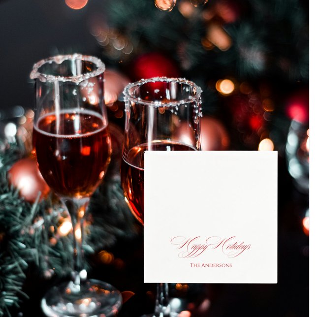 Simple Personalized Happy Holidays  Red Cocktail Napkin (Creator Uploaded)