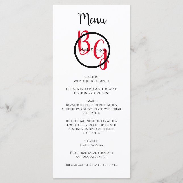 Simple Personalized Initials Wedding  Menu (Front)