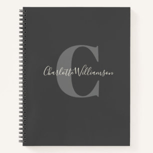 Simple Personalized Monogram and Name Black Grey Notebook