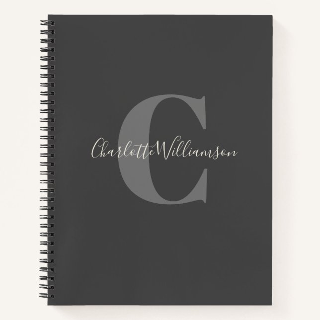 Simple Personalized Monogram and Name Black Grey Notebook (Front)