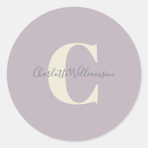 Simple Personalized Monogram and Name in Lilac  Classic Round Sticker