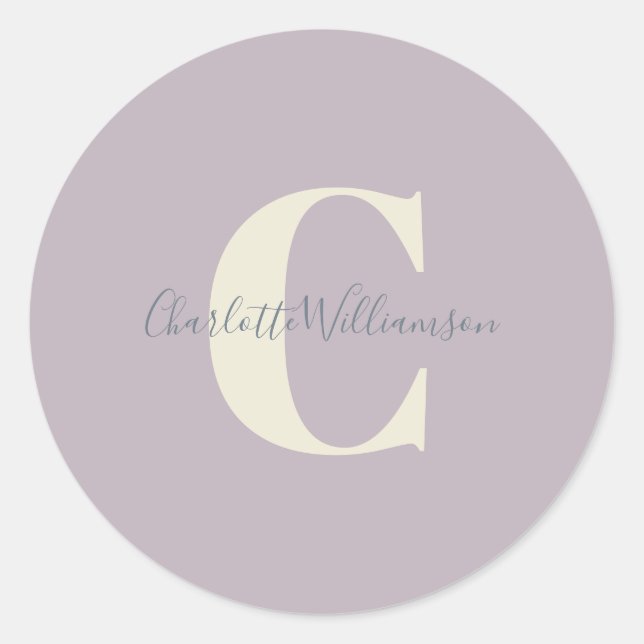 Simple Personalized Monogram and Name in Lilac  Classic Round Sticker (Front)