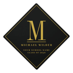Simple Personalized Monogram Black Gold Name  Graduation Cap Topper