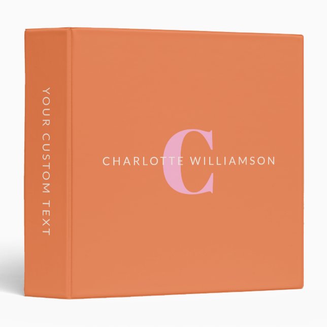 Simple Personalized Monogram Name Pink Orange  Binder (Front/Spine)