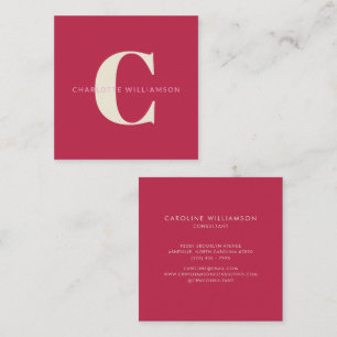 Simple Personalized Monogram Name Pink Red Modern Square Business Card