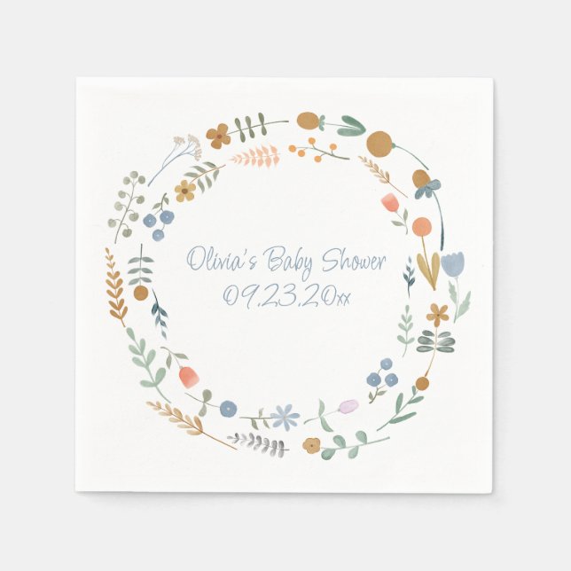 Simple Personalized Watercolor Floral Baby Shower Napkin (Front)