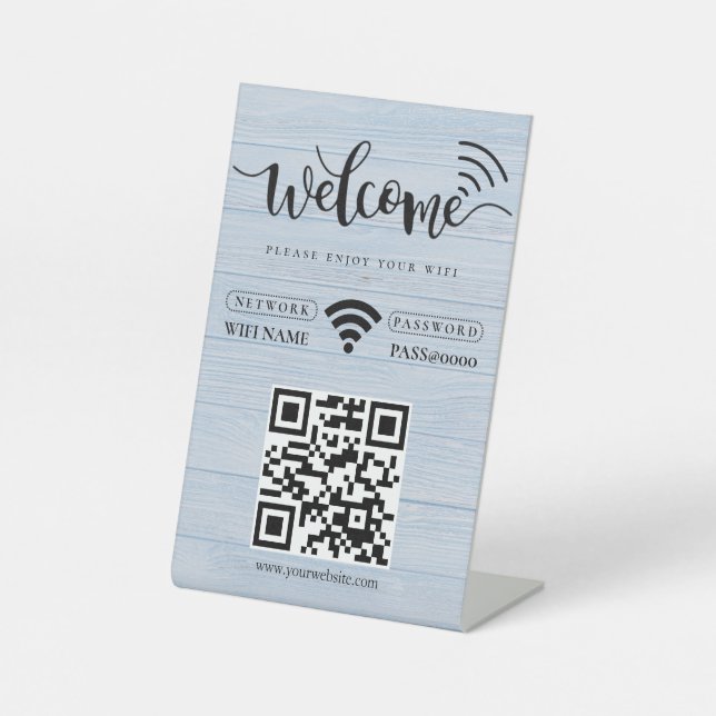 Simple Personalized Wifi Network QR code Password  Pedestal Sign (Front)