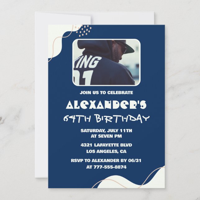 Simple Photo 64th birthday invitations Men  Navy (Front)