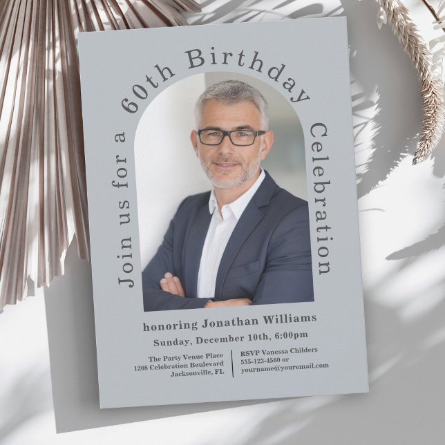 Simple Photo Arch 60th Birthday Party Invitation (This trendy birthday invitation is available as digital download or printed invitations!)